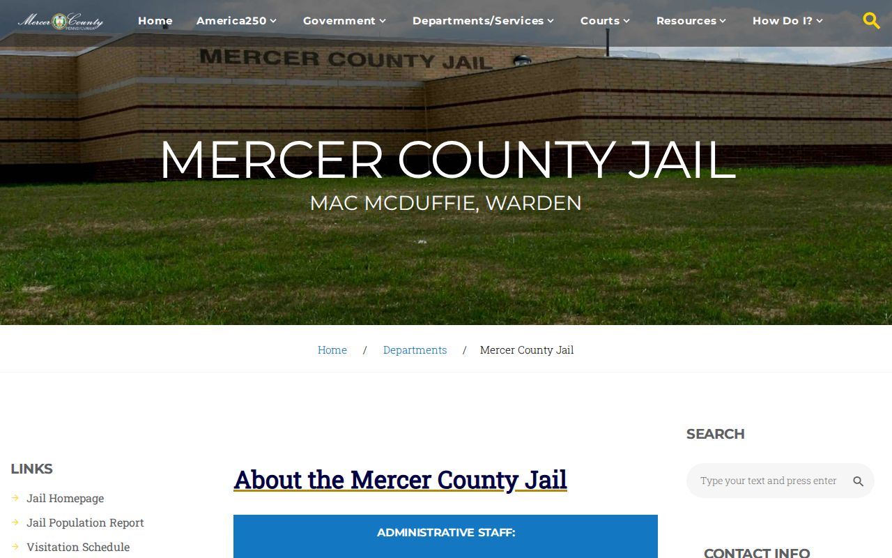 Official Mercer County Jail information page for booking and custody records