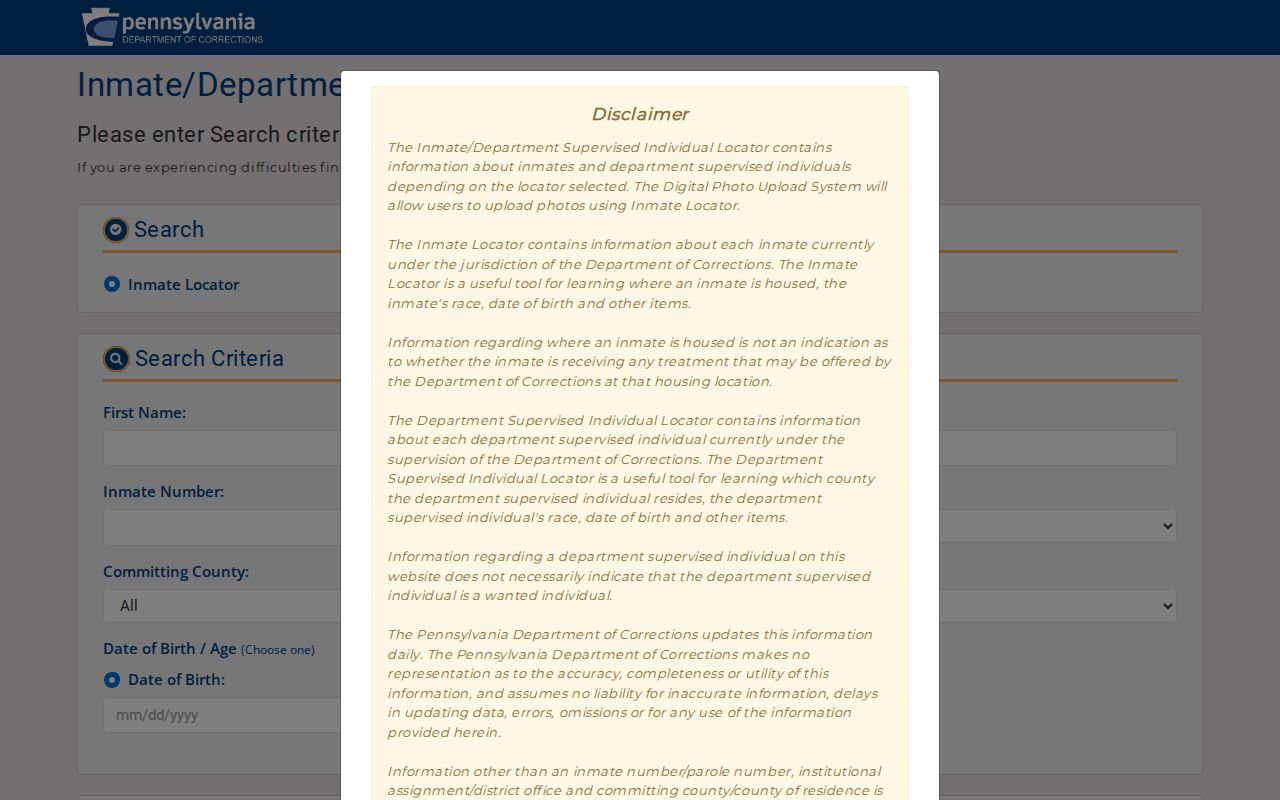 PA DOC official inmate and parolee locator search for state custody